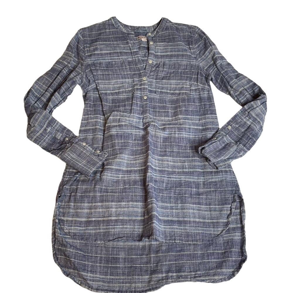 Merona Womens Blue‎ Striped Henley Tunic Top Long Sleeve Mandarin Collar Small